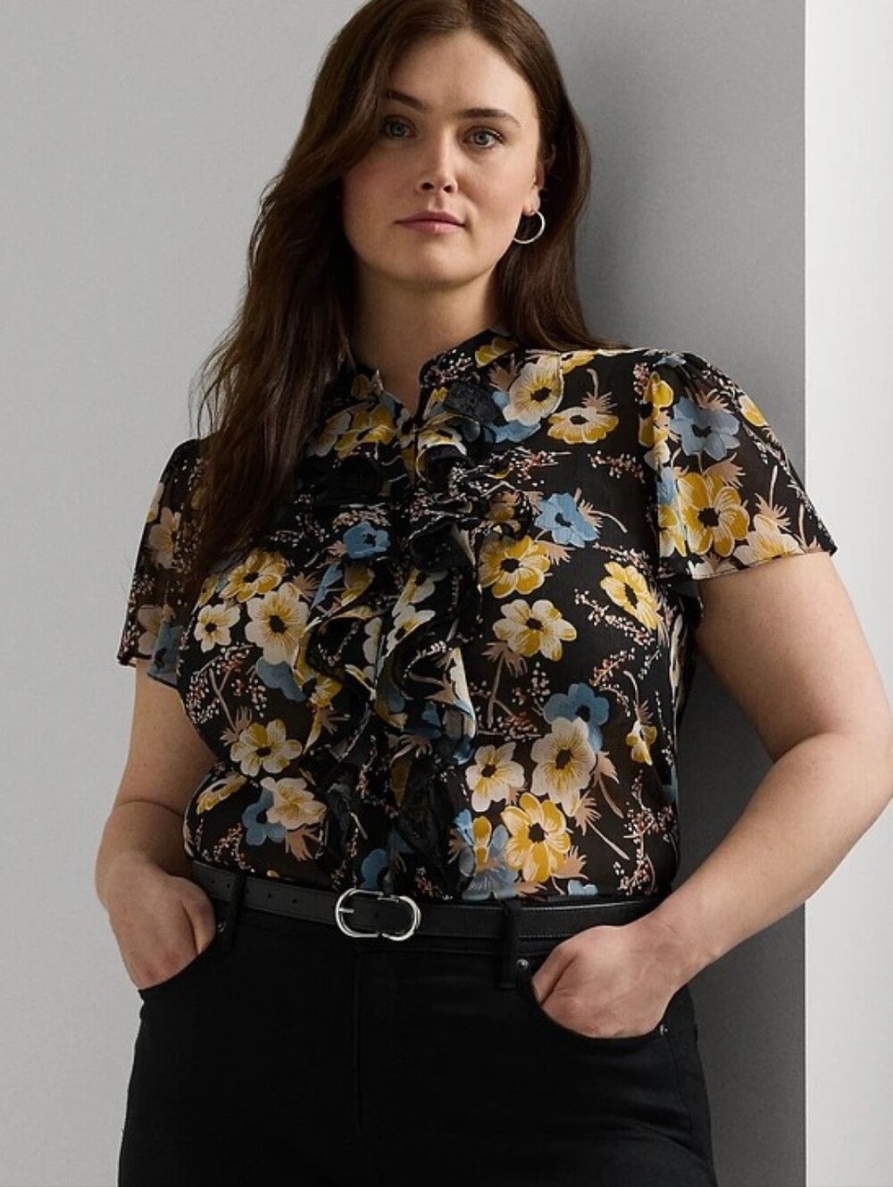 NWT LRL Ralph Lauren Flutter Sleeve Ruffle Semi Sheer Floral Blouse 3X